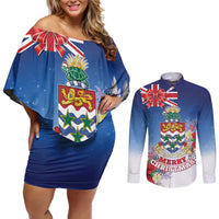 Cayman Islands Christmas Couples Matching Off Shoulder Short Dress and Long Sleeve Button Shirt Coquette Bow Xmas Vibe - Wonder Print Shop