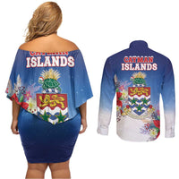 Cayman Islands Christmas Couples Matching Off Shoulder Short Dress and Long Sleeve Button Shirt Coquette Bow Xmas Vibe - Wonder Print Shop