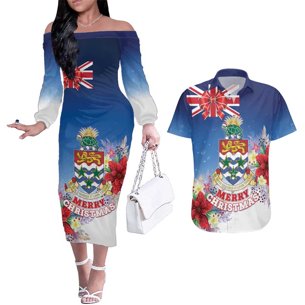 Cayman Islands Christmas Couples Matching Off The Shoulder Long Sleeve Dress and Hawaiian Shirt Coquette Bow Xmas Vibe - Wonder Print Shop
