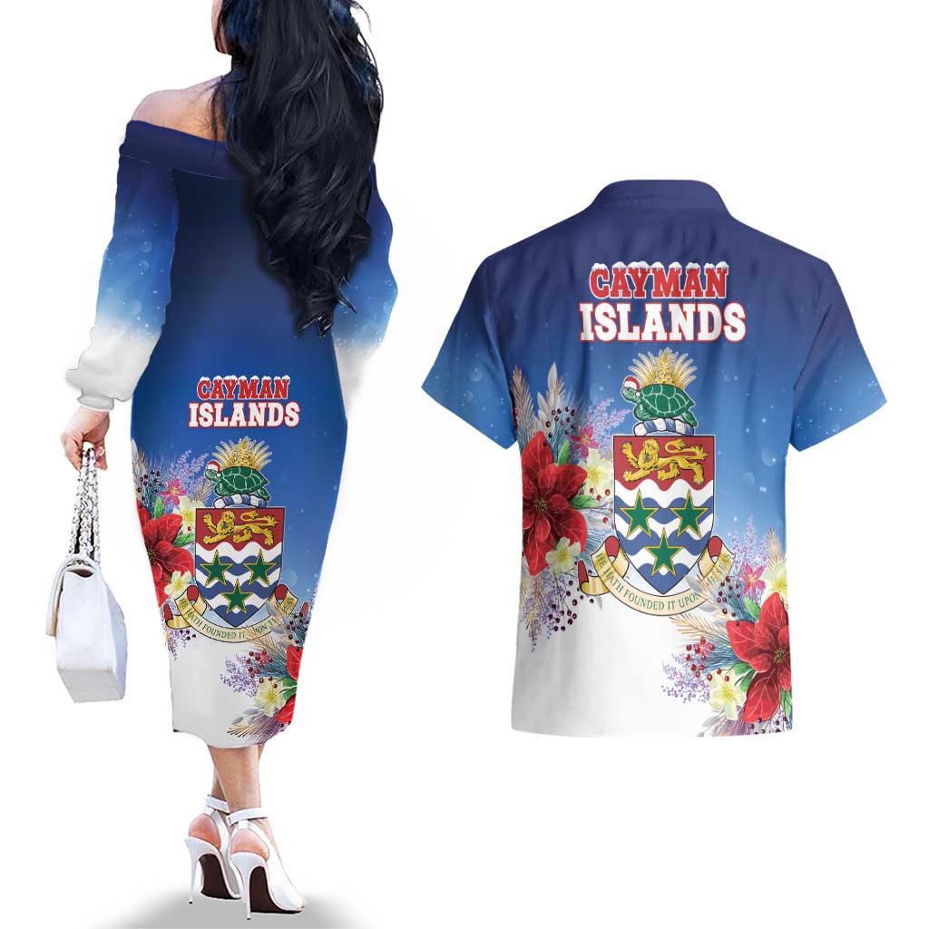 Cayman Islands Christmas Couples Matching Off The Shoulder Long Sleeve Dress and Hawaiian Shirt Coquette Bow Xmas Vibe - Wonder Print Shop