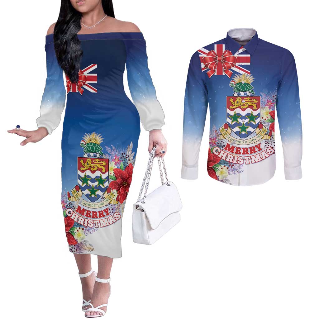 Cayman Islands Christmas Couples Matching Off The Shoulder Long Sleeve Dress and Long Sleeve Button Shirt Coquette Bow Xmas Vibe - Wonder Print Shop