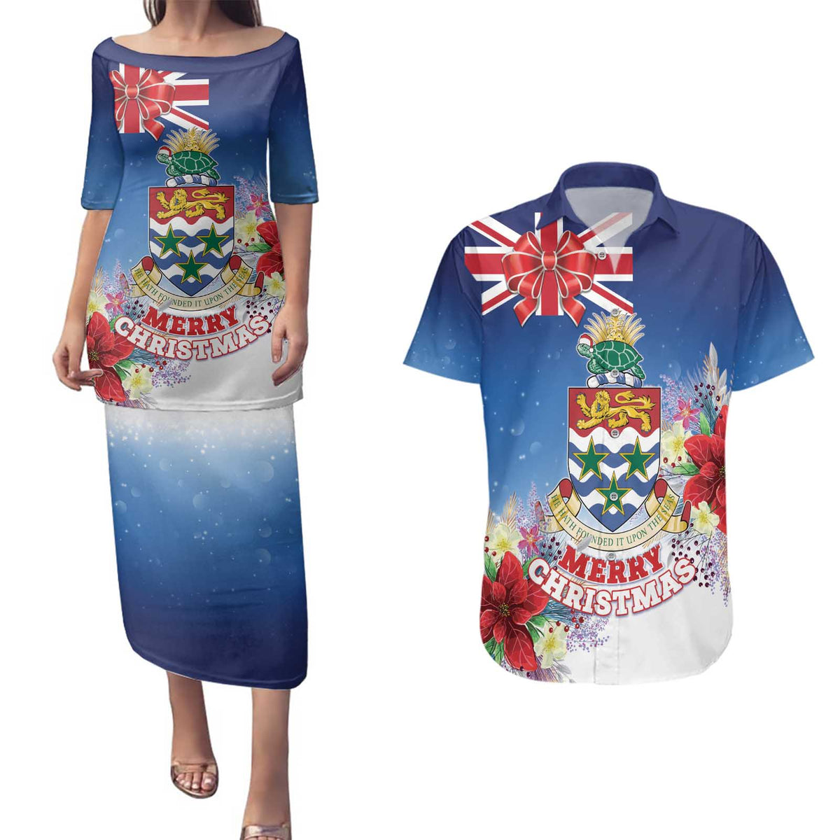Cayman Islands Christmas Couples Matching Puletasi and Hawaiian Shirt Coquette Bow Xmas Vibe - Wonder Print Shop