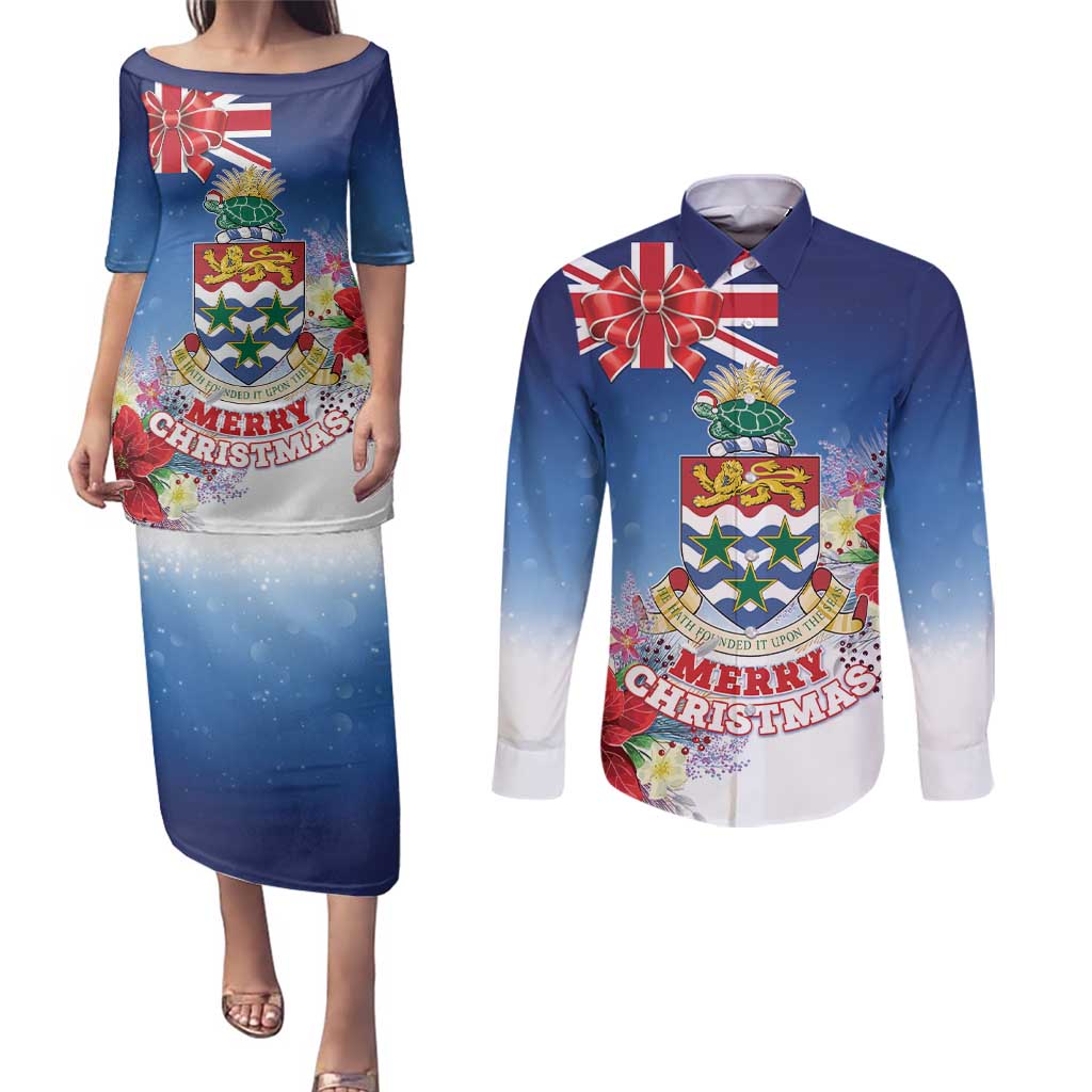 Cayman Islands Christmas Couples Matching Puletasi and Long Sleeve Button Shirt Coquette Bow Xmas Vibe - Wonder Print Shop
