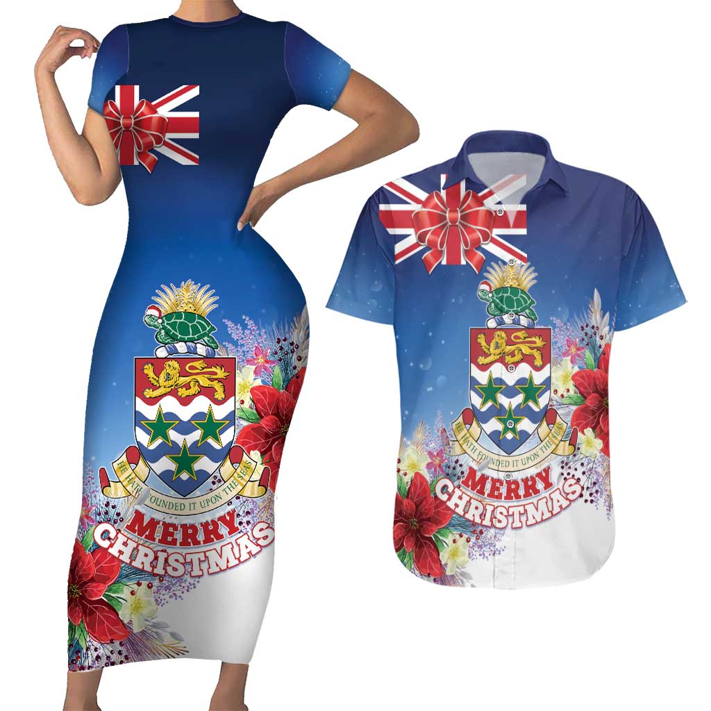 Cayman Islands Christmas Couples Matching Short Sleeve Bodycon Dress and Hawaiian Shirt Coquette Bow Xmas Vibe - Wonder Print Shop