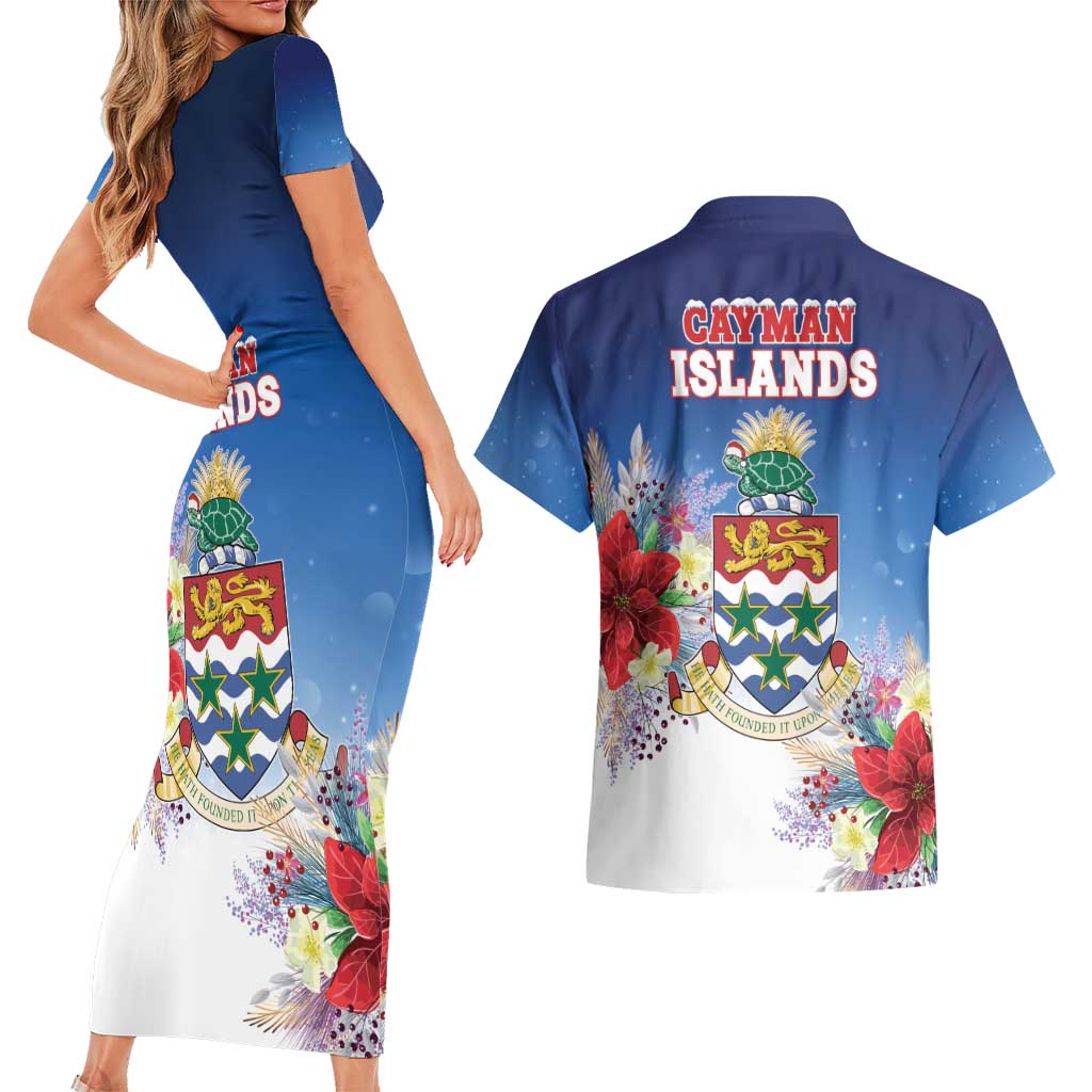 Cayman Islands Christmas Couples Matching Short Sleeve Bodycon Dress and Hawaiian Shirt Coquette Bow Xmas Vibe - Wonder Print Shop