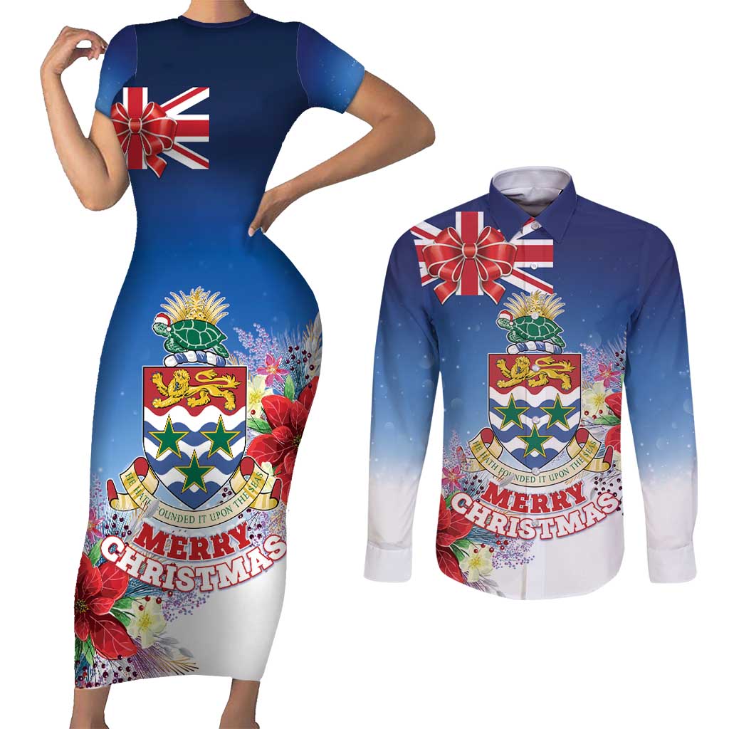 Cayman Islands Christmas Couples Matching Short Sleeve Bodycon Dress and Long Sleeve Button Shirt Coquette Bow Xmas Vibe - Wonder Print Shop