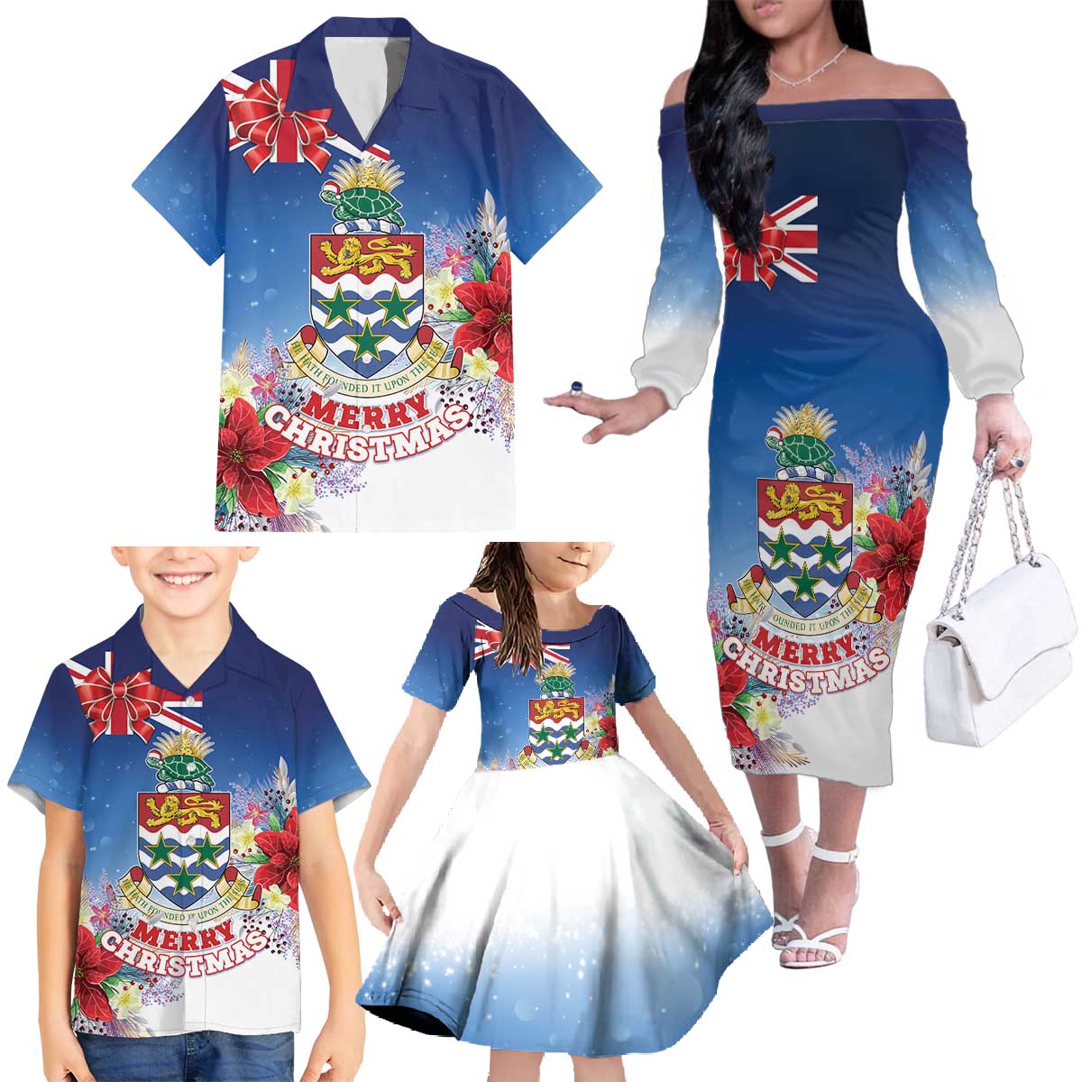 Cayman Islands Christmas Family Matching Off The Shoulder Long Sleeve Dress and Hawaiian Shirt Coquette Bow Xmas Vibe - Wonder Print Shop