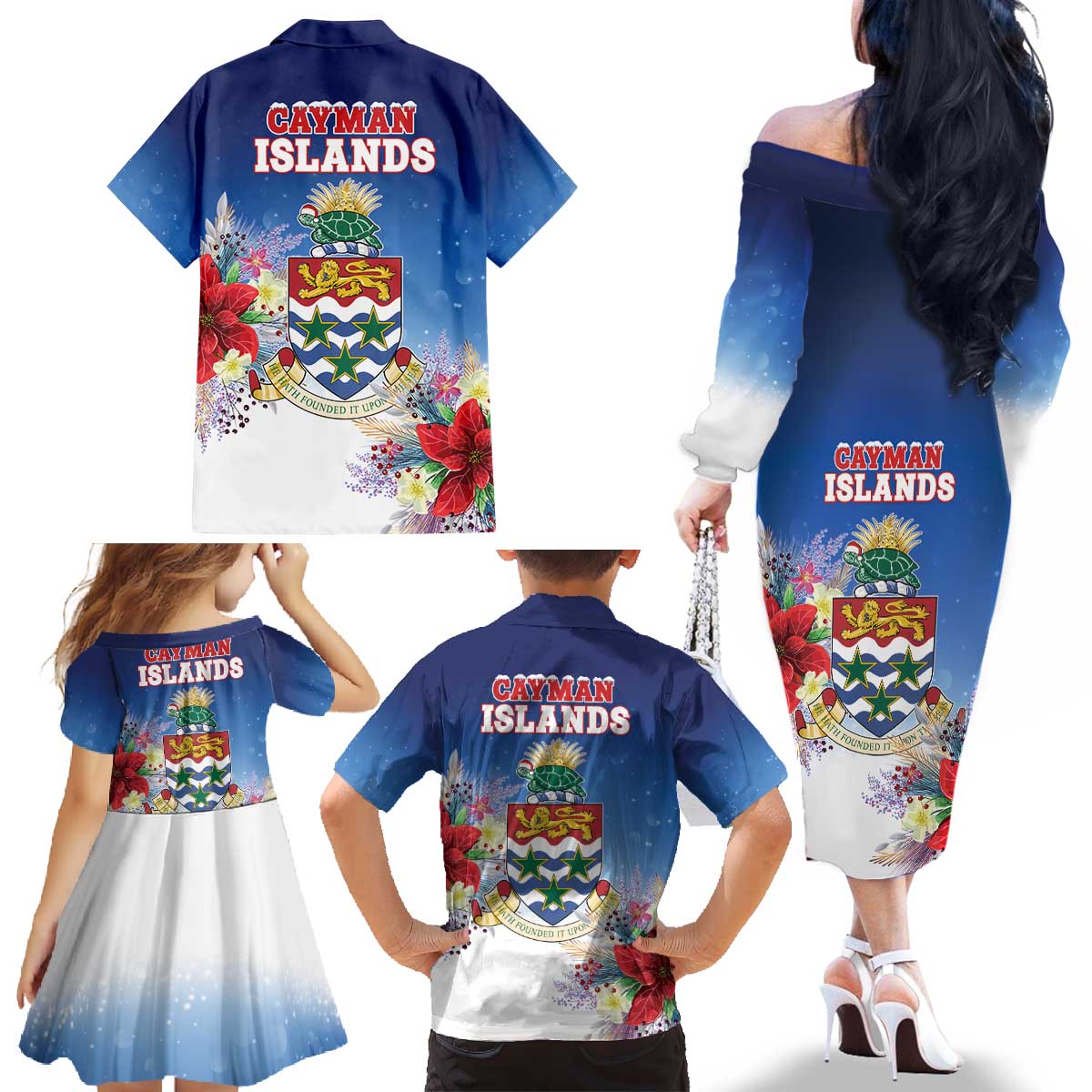 Cayman Islands Christmas Family Matching Off The Shoulder Long Sleeve Dress and Hawaiian Shirt Coquette Bow Xmas Vibe - Wonder Print Shop