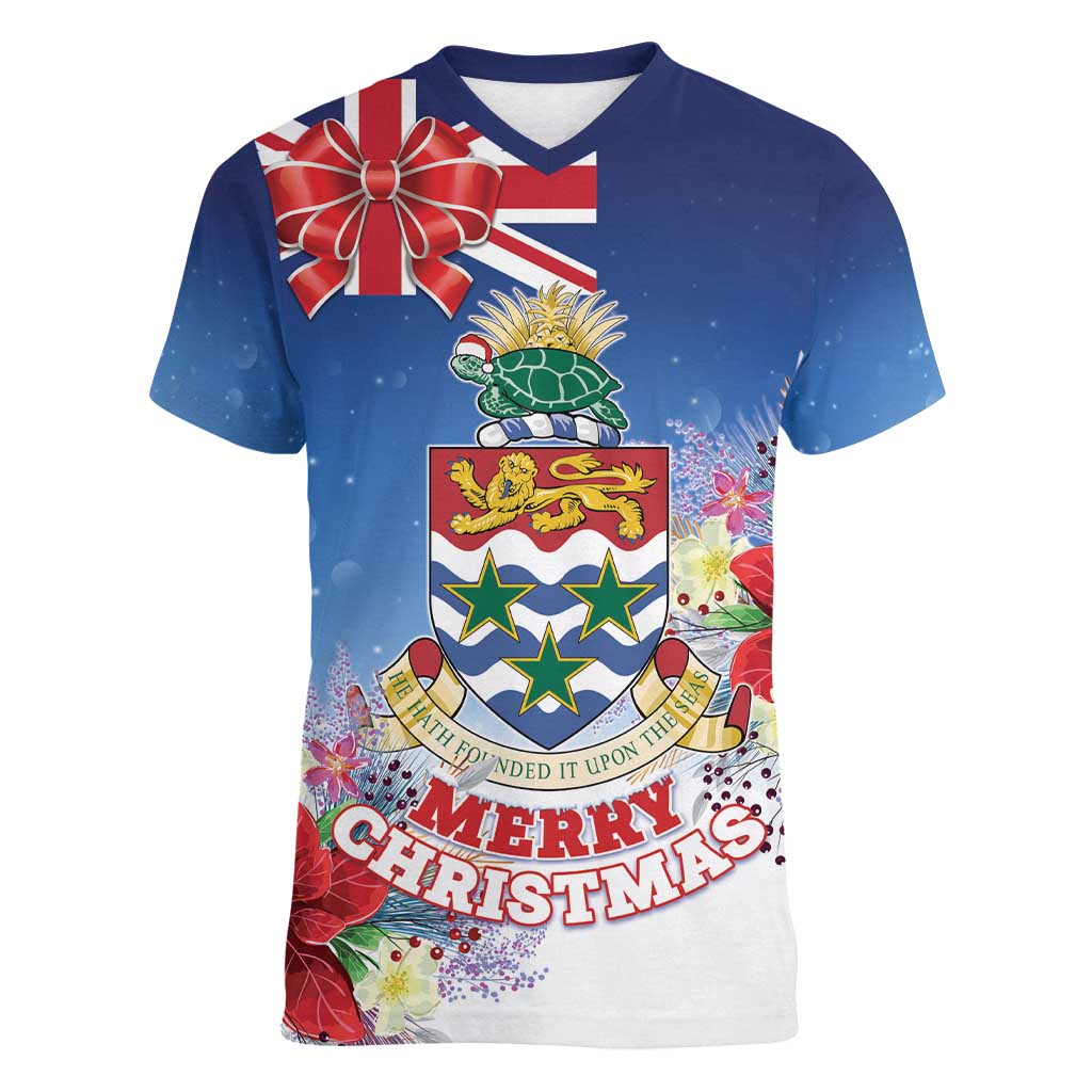Cayman Islands Christmas Women V-Neck T-Shirt Coquette Bow Xmas Vibe - Wonder Print Shop