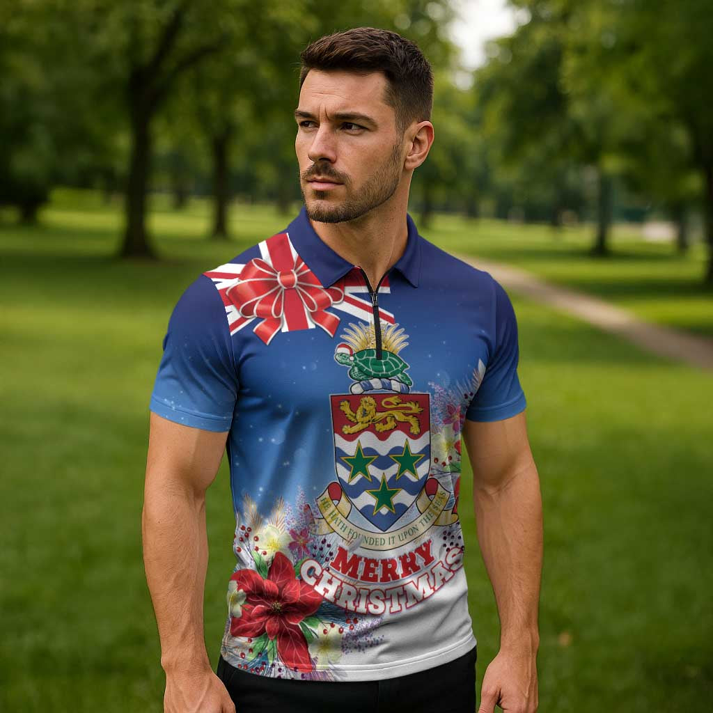 Cayman Islands Christmas Zipper Polo Shirt Coquette Bow Xmas Vibe - Wonder Print Shop