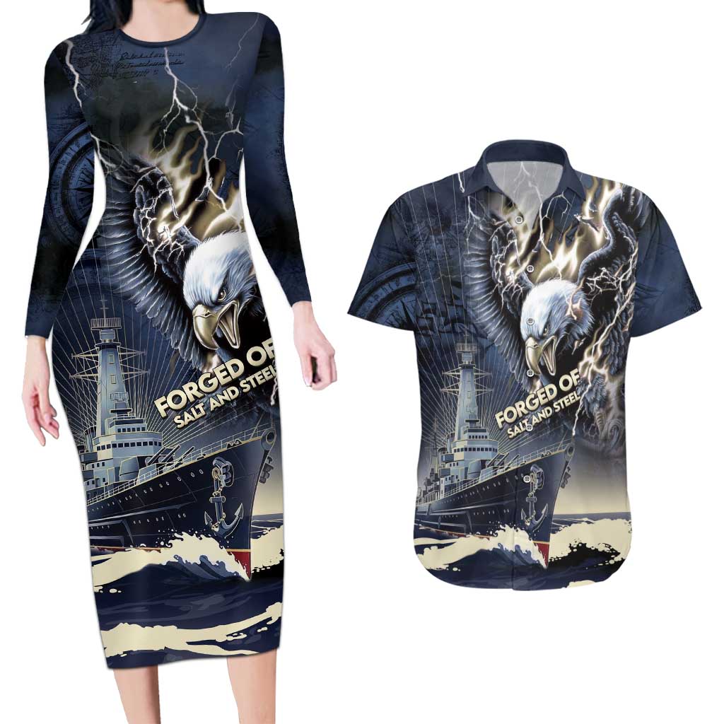Navy Veteran 250th Anniversary Couples Matching Long Sleeve Bodycon Dress and Hawaiian Shirt Forged Of Salt And Steel - Wonder Print Shop
