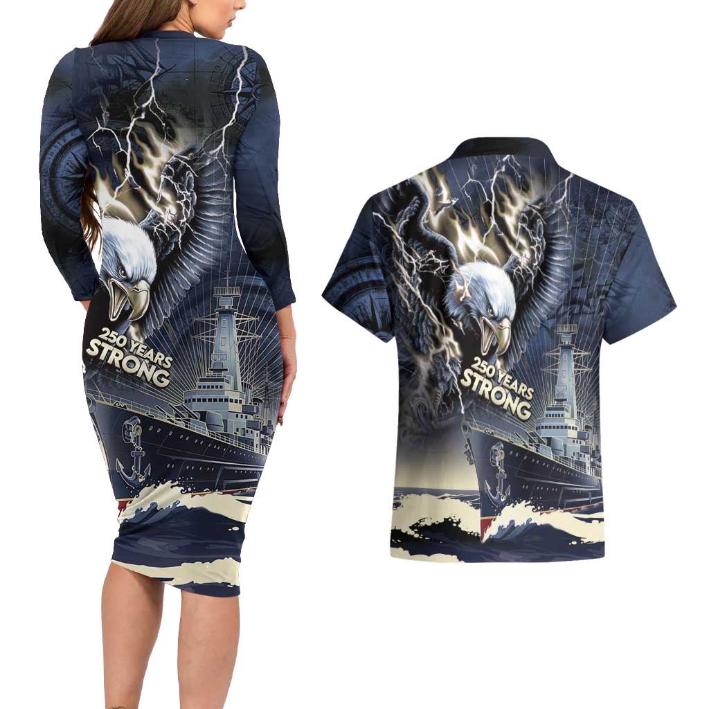Navy Veteran 250th Anniversary Couples Matching Long Sleeve Bodycon Dress and Hawaiian Shirt Forged Of Salt And Steel - Wonder Print Shop