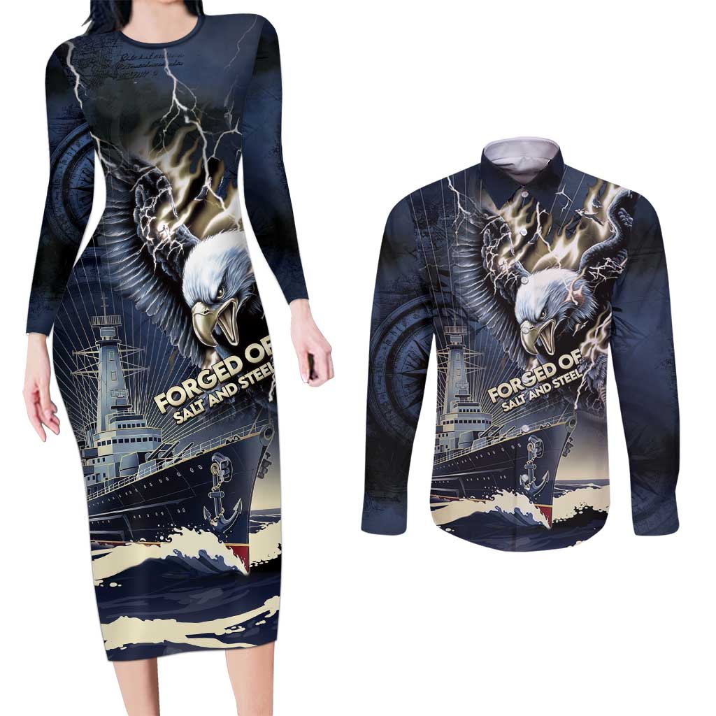Navy Veteran 250th Anniversary Couples Matching Long Sleeve Bodycon Dress and Long Sleeve Button Shirt Forged Of Salt And Steel - Wonder Print Shop