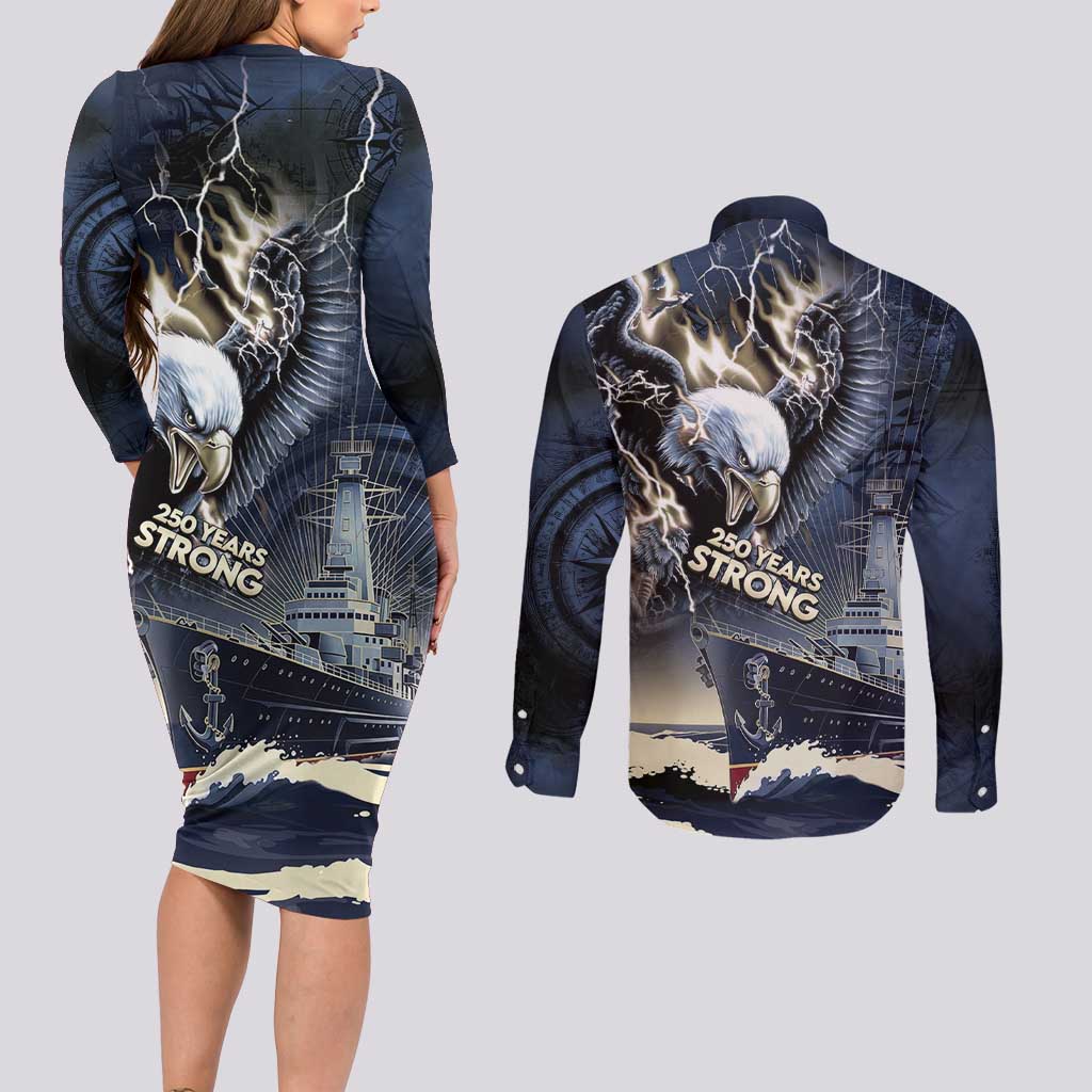 Navy Veteran 250th Anniversary Couples Matching Long Sleeve Bodycon Dress and Long Sleeve Button Shirt Forged Of Salt And Steel - Wonder Print Shop