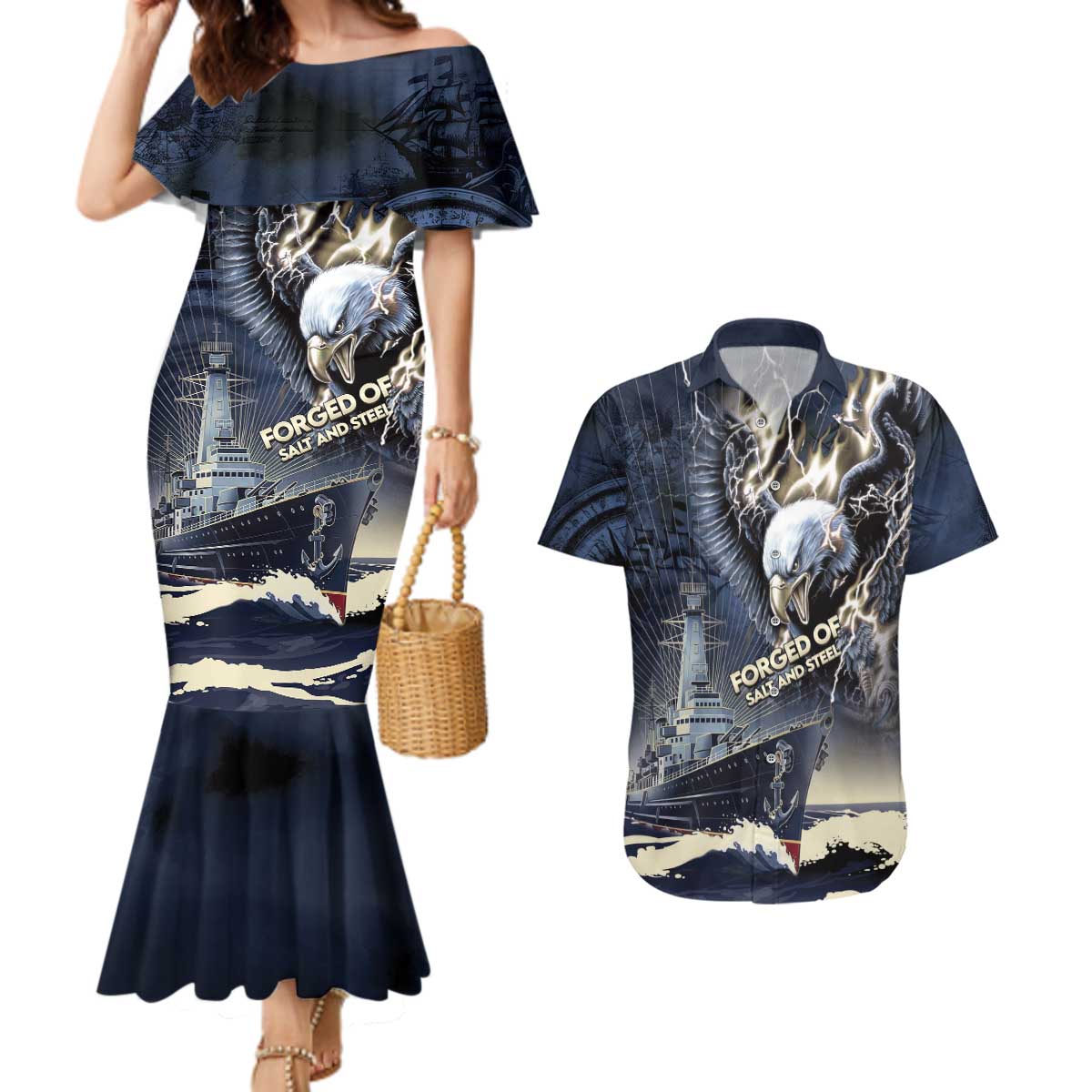 Navy Veteran 250th Anniversary Couples Matching Mermaid Dress and Hawaiian Shirt Forged Of Salt And Steel - Wonder Print Shop