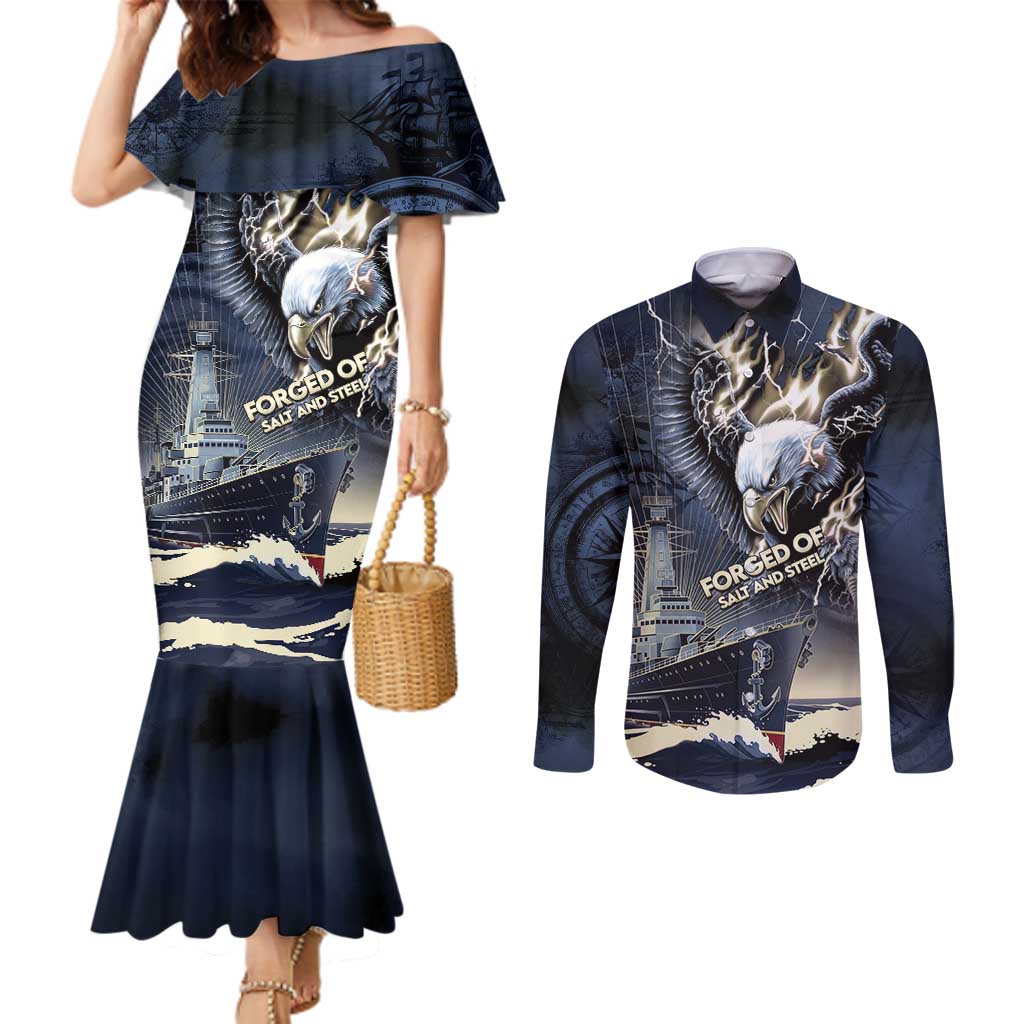 Navy Veteran 250th Anniversary Couples Matching Mermaid Dress and Long Sleeve Button Shirt Forged Of Salt And Steel - Wonder Print Shop