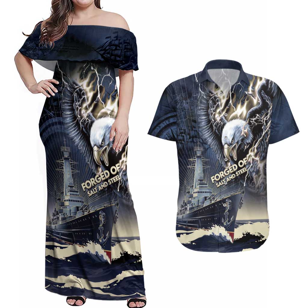Navy Veteran 250th Anniversary Couples Matching Off Shoulder Maxi Dress and Hawaiian Shirt Forged Of Salt And Steel - Wonder Print Shop