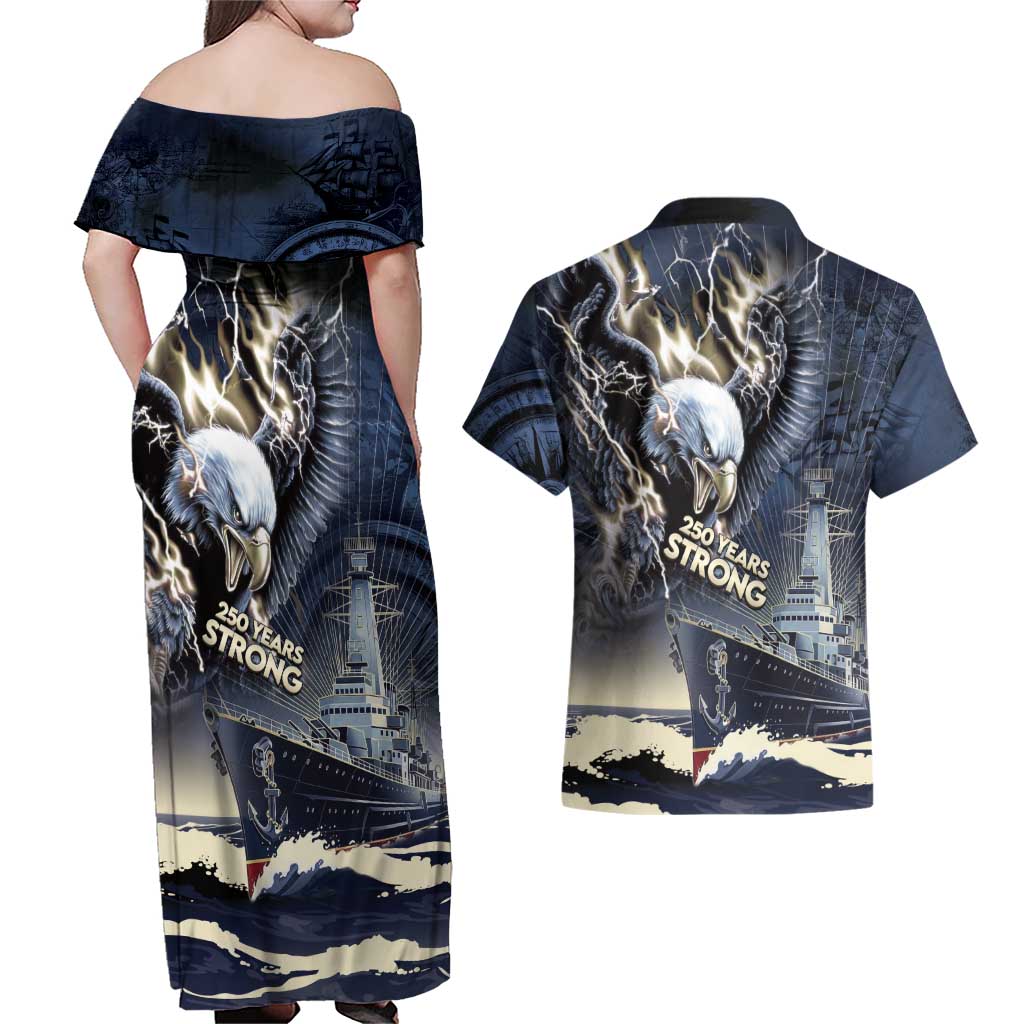 Navy Veteran 250th Anniversary Couples Matching Off Shoulder Maxi Dress and Hawaiian Shirt Forged Of Salt And Steel - Wonder Print Shop
