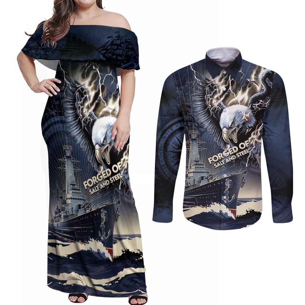 Navy Veteran 250th Anniversary Couples Matching Off Shoulder Maxi Dress and Long Sleeve Button Shirt Forged Of Salt And Steel - Wonder Print Shop