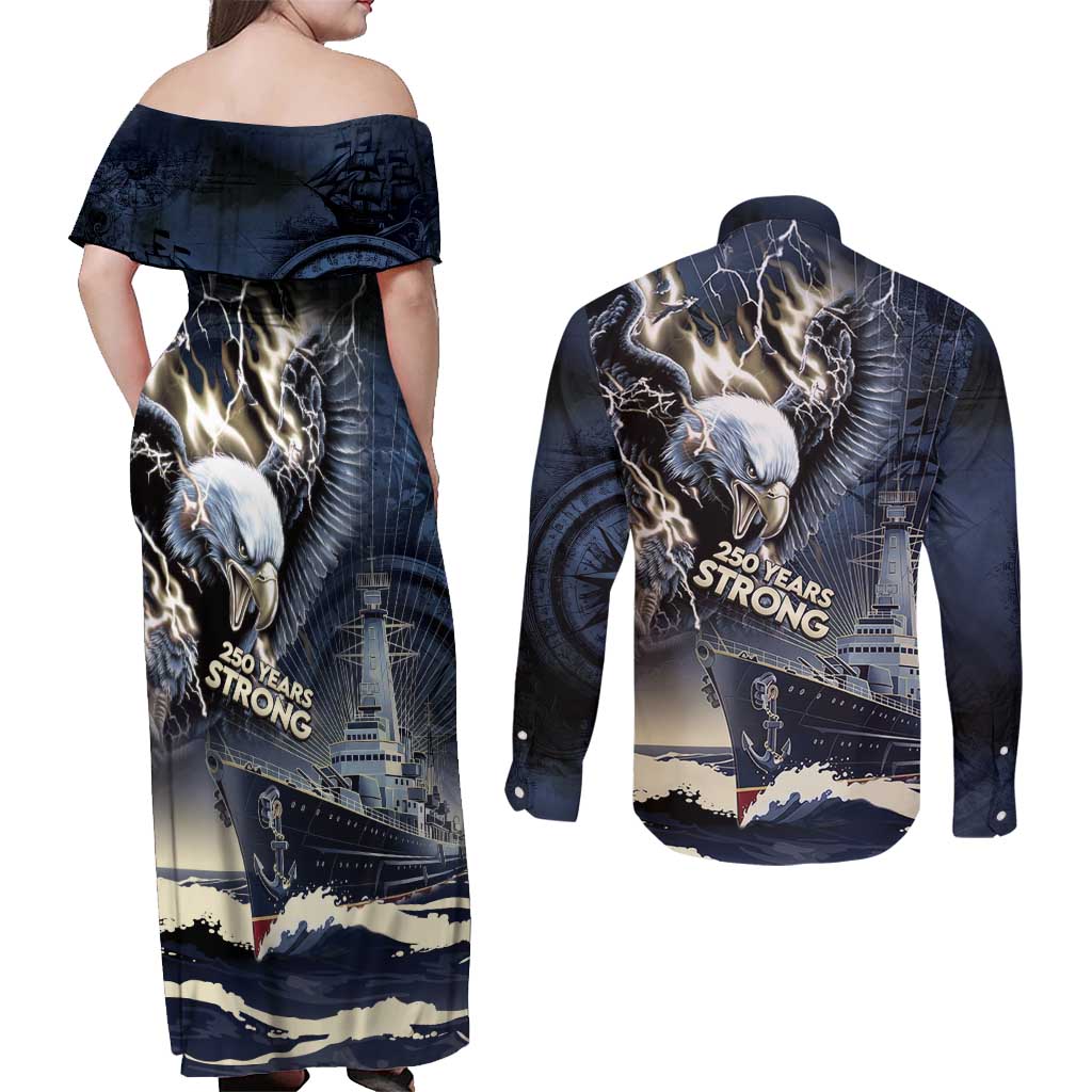 Navy Veteran 250th Anniversary Couples Matching Off Shoulder Maxi Dress and Long Sleeve Button Shirt Forged Of Salt And Steel - Wonder Print Shop