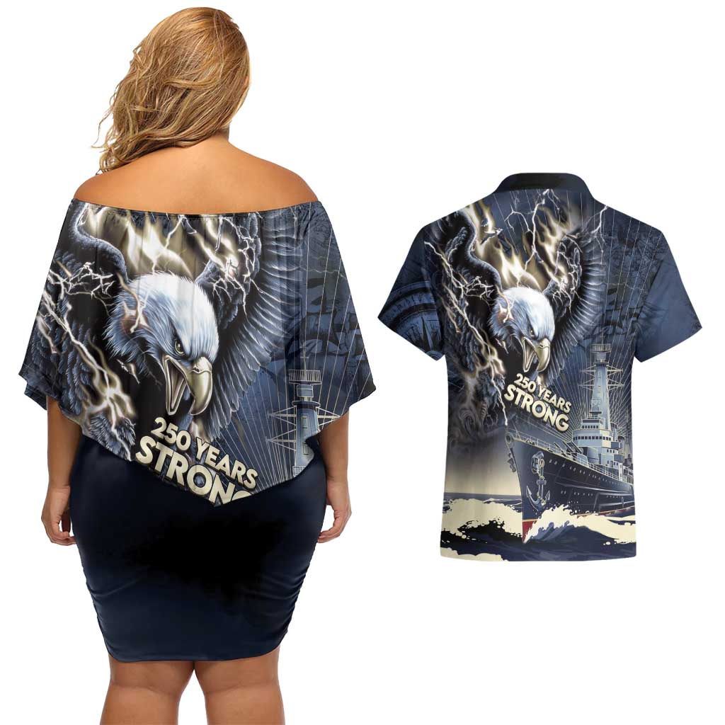 Navy Veteran 250th Anniversary Couples Matching Off Shoulder Short Dress and Hawaiian Shirt Forged Of Salt And Steel - Wonder Print Shop