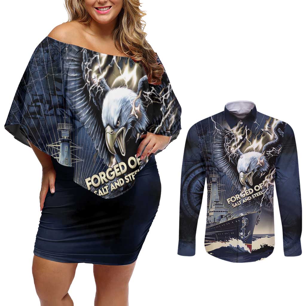 Navy Veteran 250th Anniversary Couples Matching Off Shoulder Short Dress and Long Sleeve Button Shirt Forged Of Salt And Steel - Wonder Print Shop