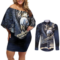 Navy Veteran 250th Anniversary Couples Matching Off Shoulder Short Dress and Long Sleeve Button Shirt Forged Of Salt And Steel - Wonder Print Shop