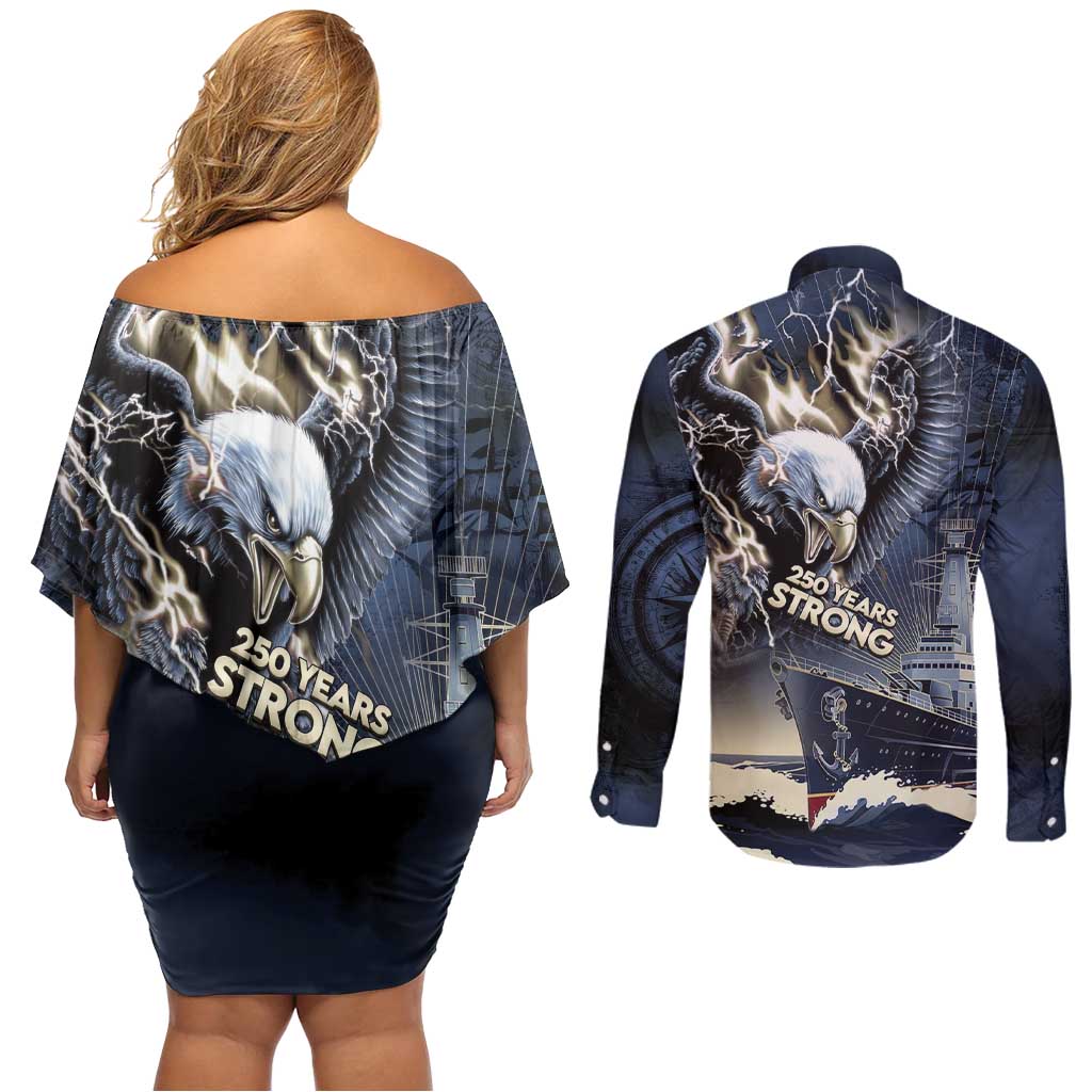Navy Veteran 250th Anniversary Couples Matching Off Shoulder Short Dress and Long Sleeve Button Shirt Forged Of Salt And Steel - Wonder Print Shop