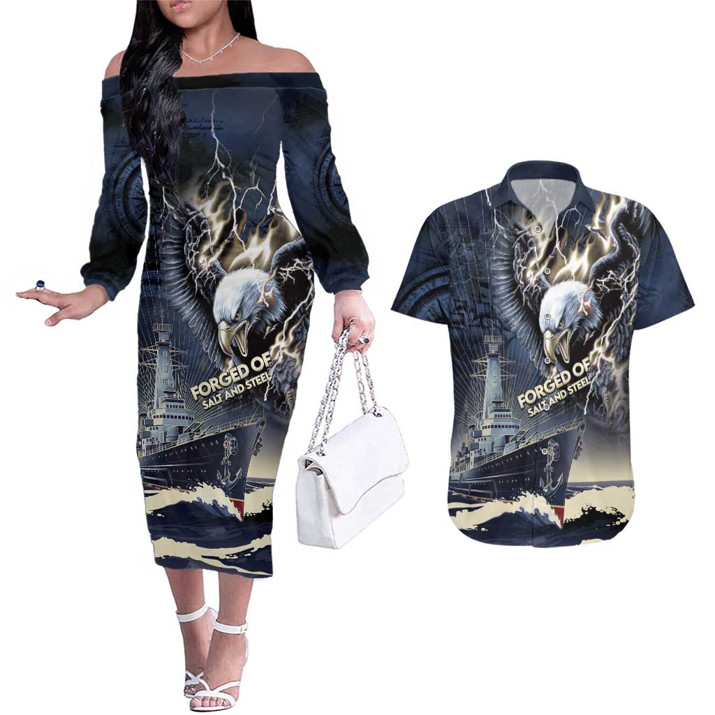 Navy Veteran 250th Anniversary Couples Matching Off The Shoulder Long Sleeve Dress and Hawaiian Shirt Forged Of Salt And Steel - Wonder Print Shop