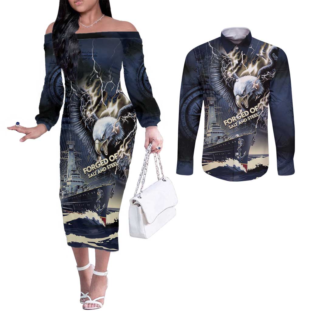 Navy Veteran 250th Anniversary Couples Matching Off The Shoulder Long Sleeve Dress and Long Sleeve Button Shirt Forged Of Salt And Steel - Wonder Print Shop