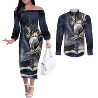 Navy Veteran 250th Anniversary Couples Matching Off The Shoulder Long Sleeve Dress and Long Sleeve Button Shirt Forged Of Salt And Steel - Wonder Print Shop