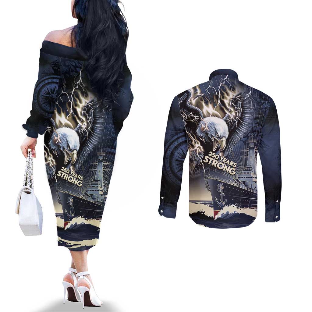 Navy Veteran 250th Anniversary Couples Matching Off The Shoulder Long Sleeve Dress and Long Sleeve Button Shirt Forged Of Salt And Steel - Wonder Print Shop