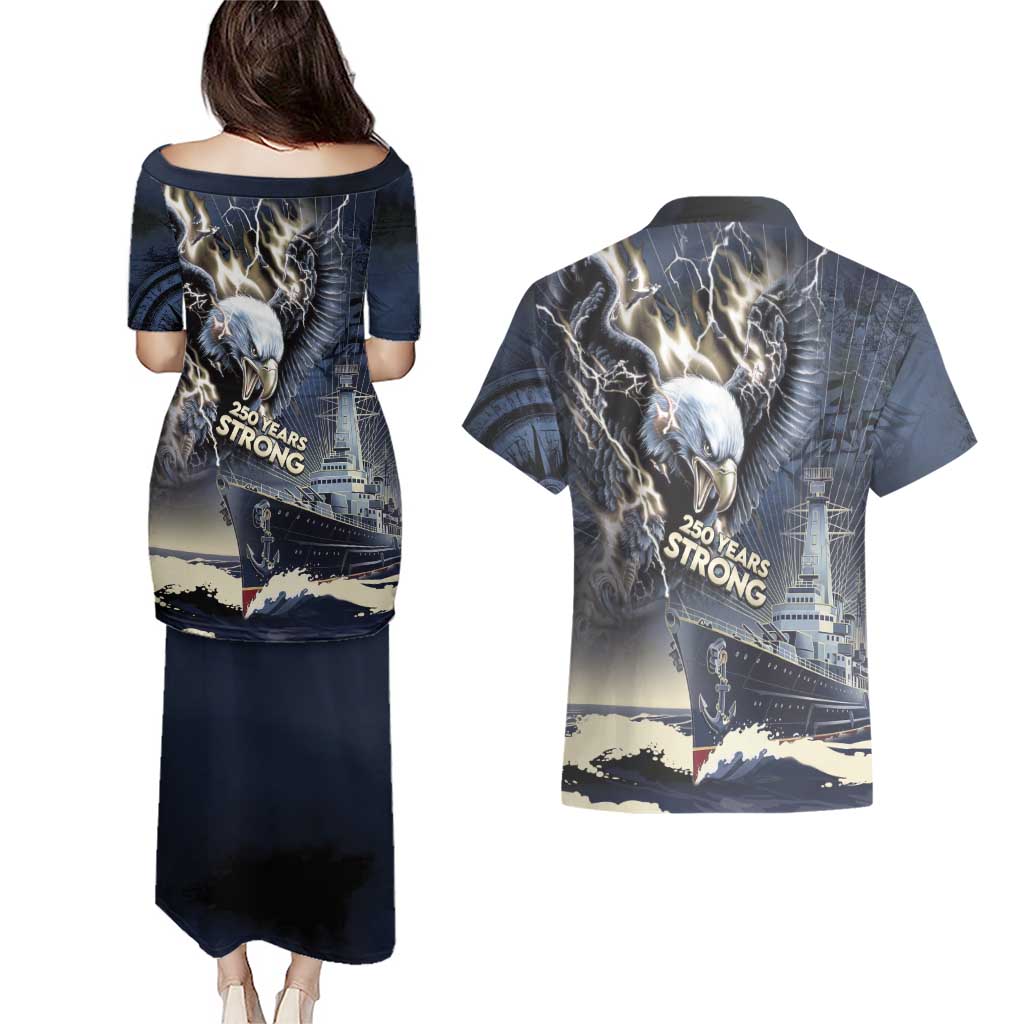 Navy Veteran 250th Anniversary Couples Matching Puletasi and Hawaiian Shirt Forged Of Salt And Steel - Wonder Print Shop