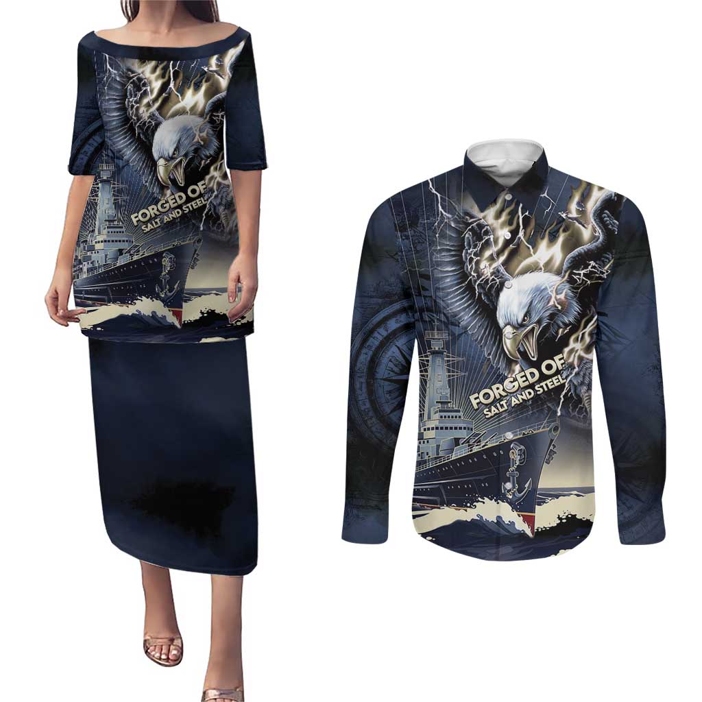 Navy Veteran 250th Anniversary Couples Matching Puletasi and Long Sleeve Button Shirt Forged Of Salt And Steel - Wonder Print Shop