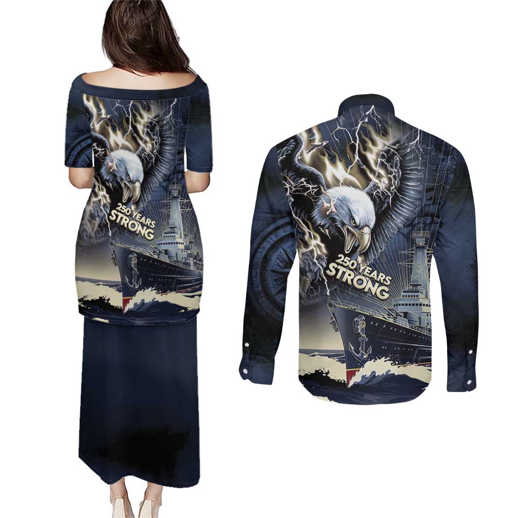 Navy Veteran 250th Anniversary Couples Matching Puletasi and Long Sleeve Button Shirt Forged Of Salt And Steel - Wonder Print Shop