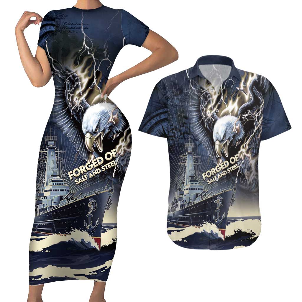 Navy Veteran 250th Anniversary Couples Matching Short Sleeve Bodycon Dress and Hawaiian Shirt Forged Of Salt And Steel - Wonder Print Shop