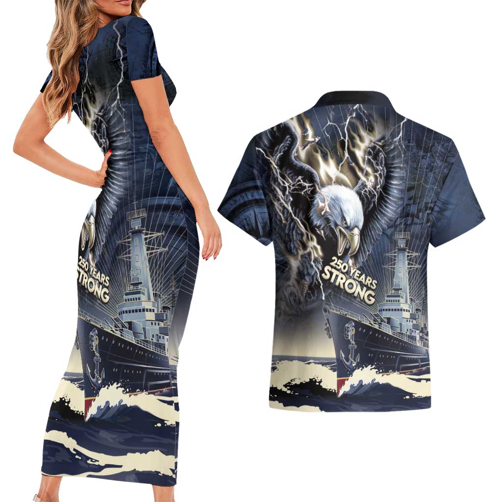 Navy Veteran 250th Anniversary Couples Matching Short Sleeve Bodycon Dress and Hawaiian Shirt Forged Of Salt And Steel - Wonder Print Shop