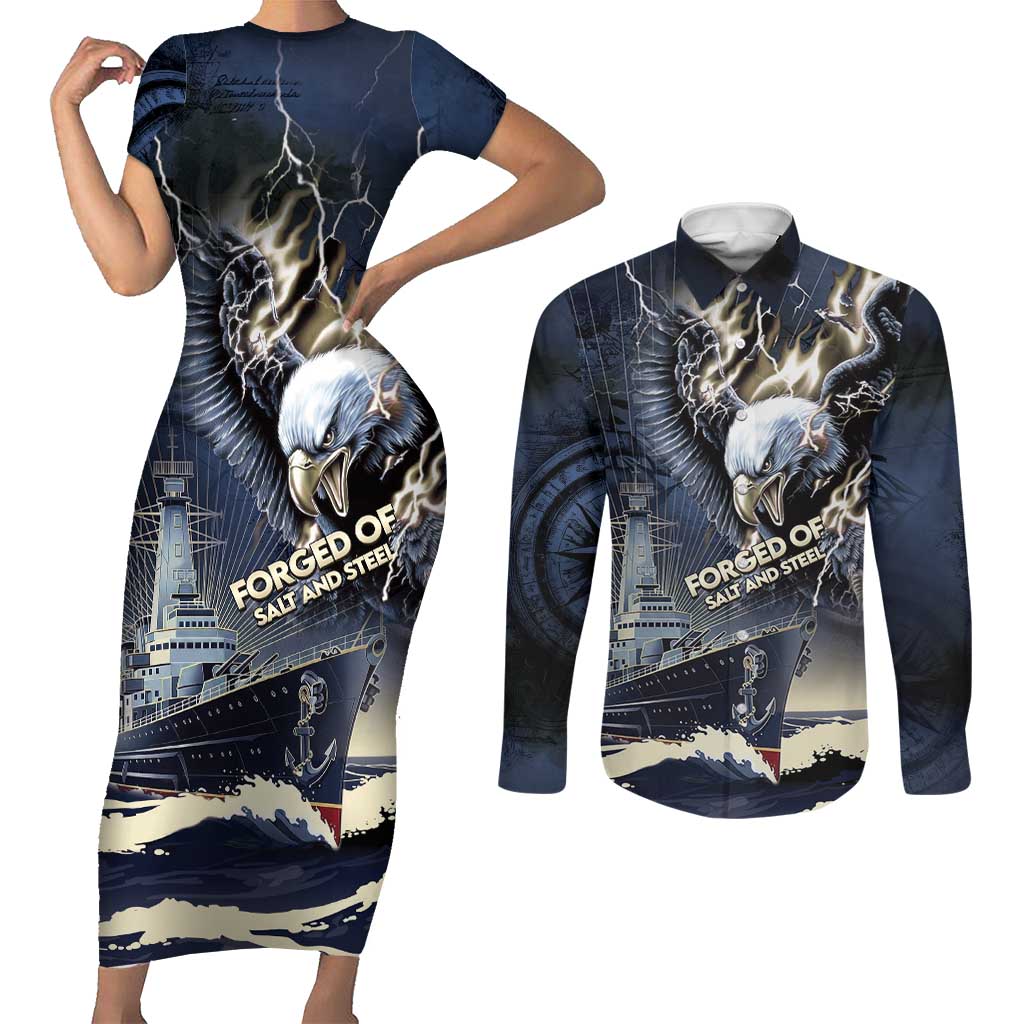 Navy Veteran 250th Anniversary Couples Matching Short Sleeve Bodycon Dress and Long Sleeve Button Shirt Forged Of Salt And Steel - Wonder Print Shop