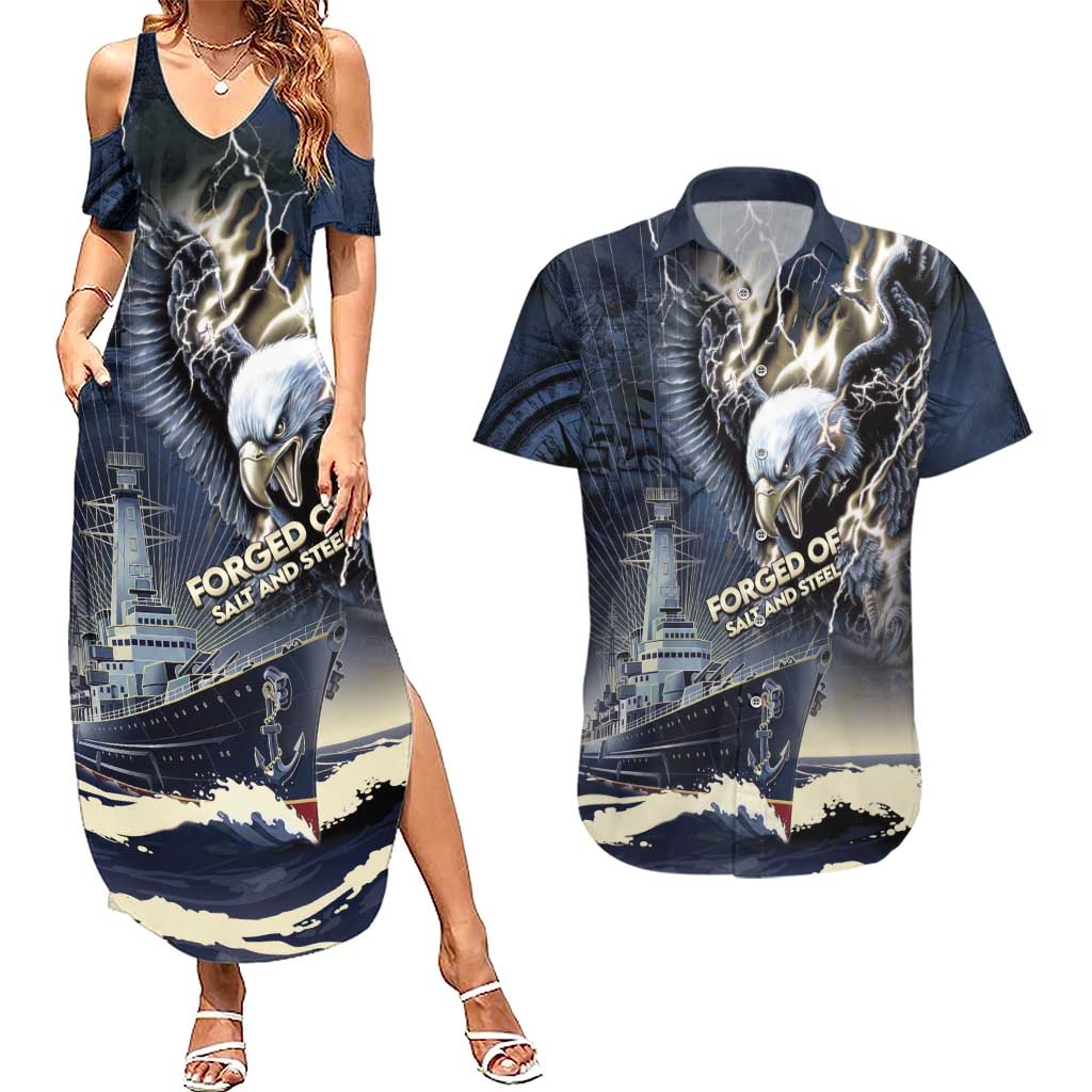 Navy Veteran 250th Anniversary Couples Matching Summer Maxi Dress and Hawaiian Shirt Forged Of Salt And Steel - Wonder Print Shop