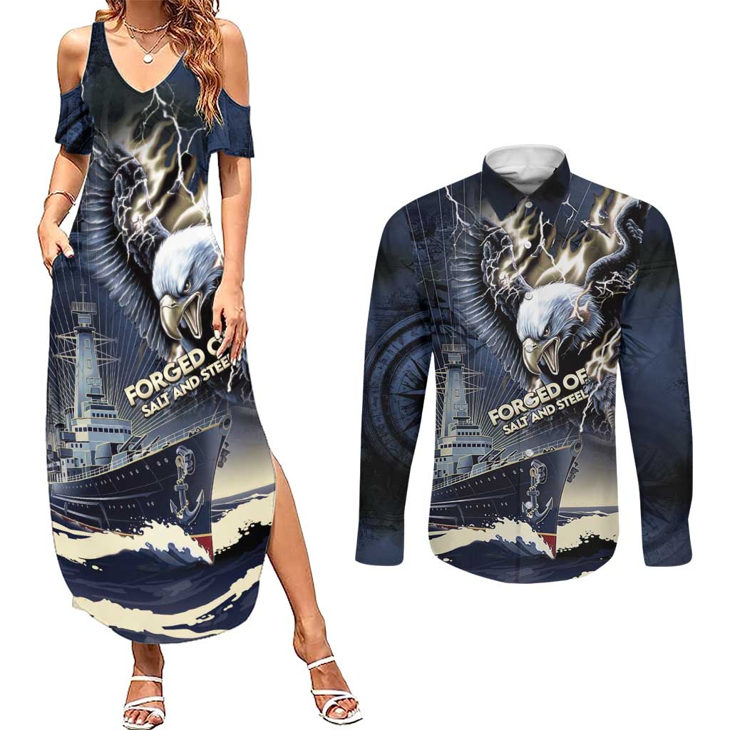 Navy Veteran 250th Anniversary Couples Matching Summer Maxi Dress and Long Sleeve Button Shirt Forged Of Salt And Steel - Wonder Print Shop
