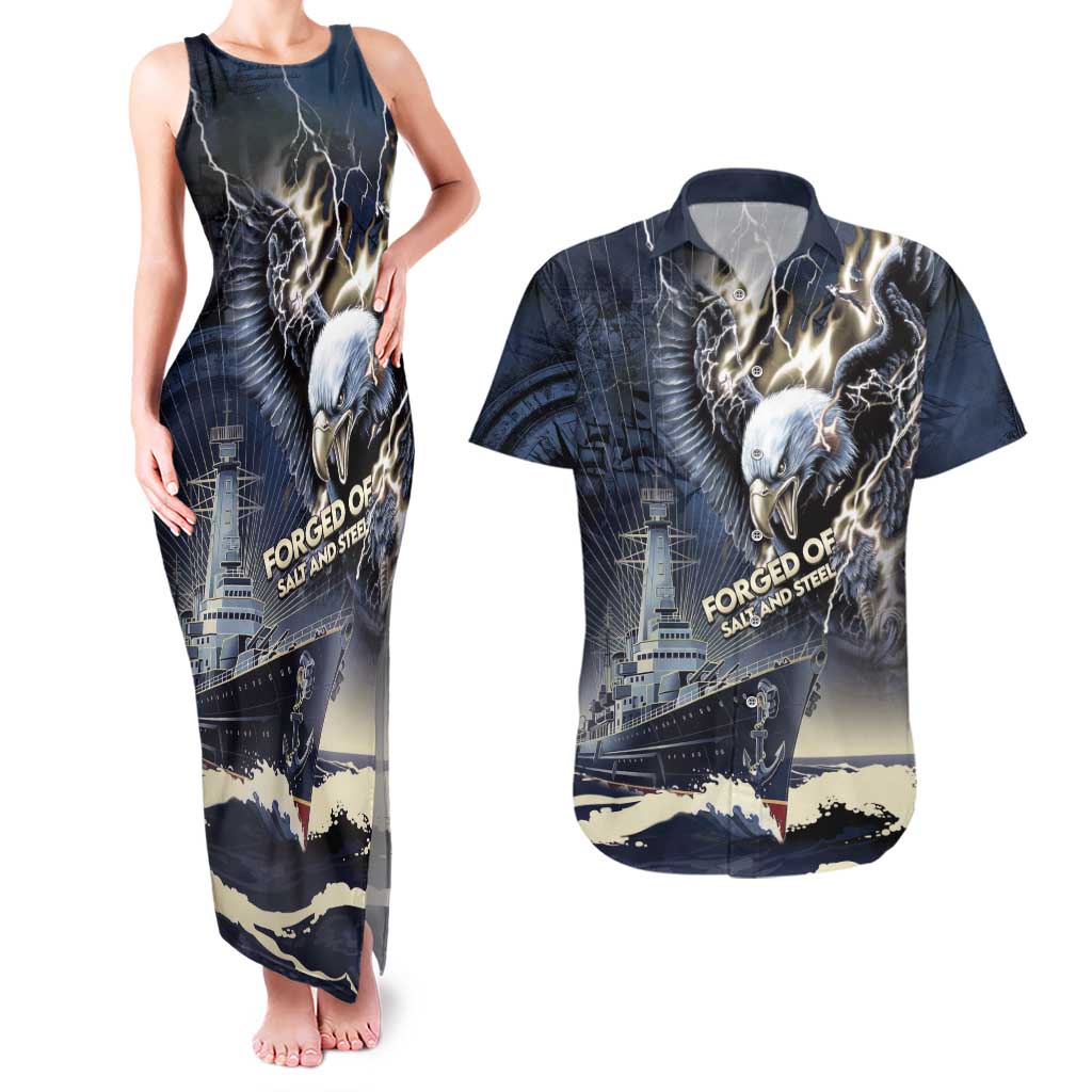 Navy Veteran 250th Anniversary Couples Matching Tank Maxi Dress and Hawaiian Shirt Forged Of Salt And Steel - Wonder Print Shop