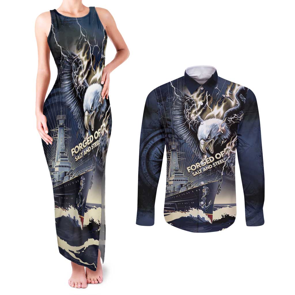 Navy Veteran 250th Anniversary Couples Matching Tank Maxi Dress and Long Sleeve Button Shirt Forged Of Salt And Steel - Wonder Print Shop