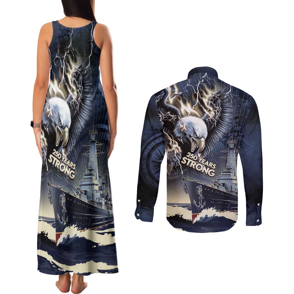 Navy Veteran 250th Anniversary Couples Matching Tank Maxi Dress and Long Sleeve Button Shirt Forged Of Salt And Steel - Wonder Print Shop