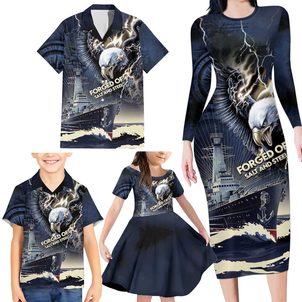 Navy Veteran 250th Anniversary Family Matching Long Sleeve Bodycon Dress and Hawaiian Shirt Forged Of Salt And Steel - Wonder Print Shop