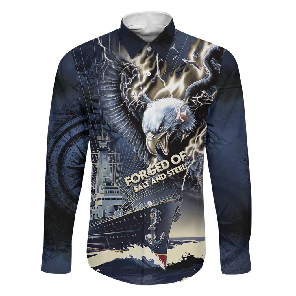 Navy Veteran 250th Anniversary Family Matching Long Sleeve Bodycon Dress and Hawaiian Shirt Forged Of Salt And Steel - Wonder Print Shop