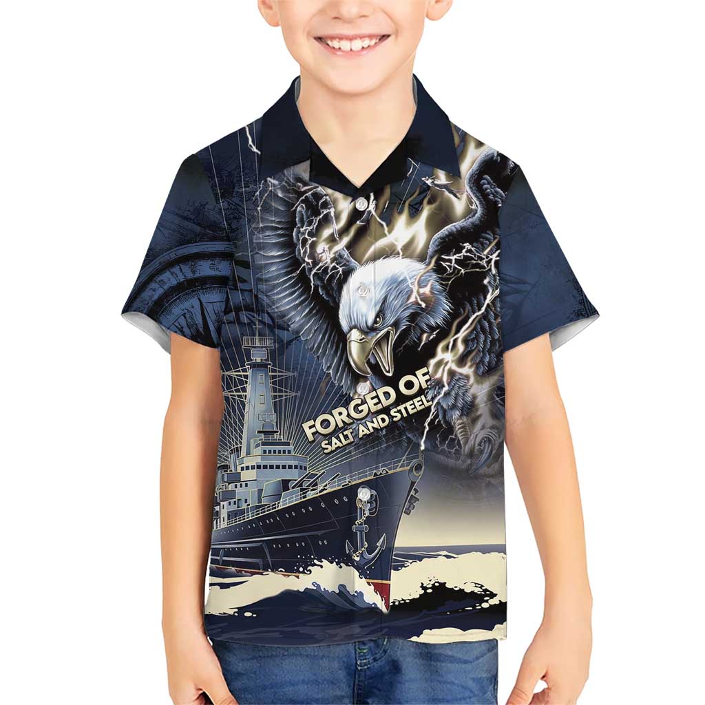 Navy Veteran 250th Anniversary Family Matching Long Sleeve Bodycon Dress and Hawaiian Shirt Forged Of Salt And Steel - Wonder Print Shop