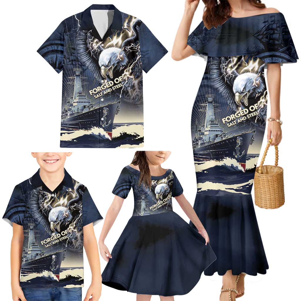 Navy Veteran 250th Anniversary Family Matching Mermaid Dress and Hawaiian Shirt Forged Of Salt And Steel - Wonder Print Shop
