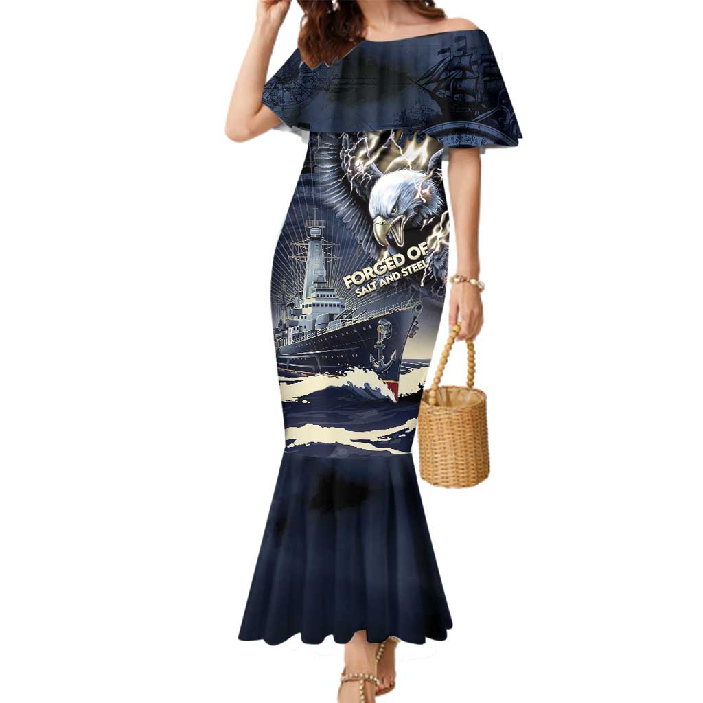 Navy Veteran 250th Anniversary Family Matching Mermaid Dress and Hawaiian Shirt Forged Of Salt And Steel - Wonder Print Shop