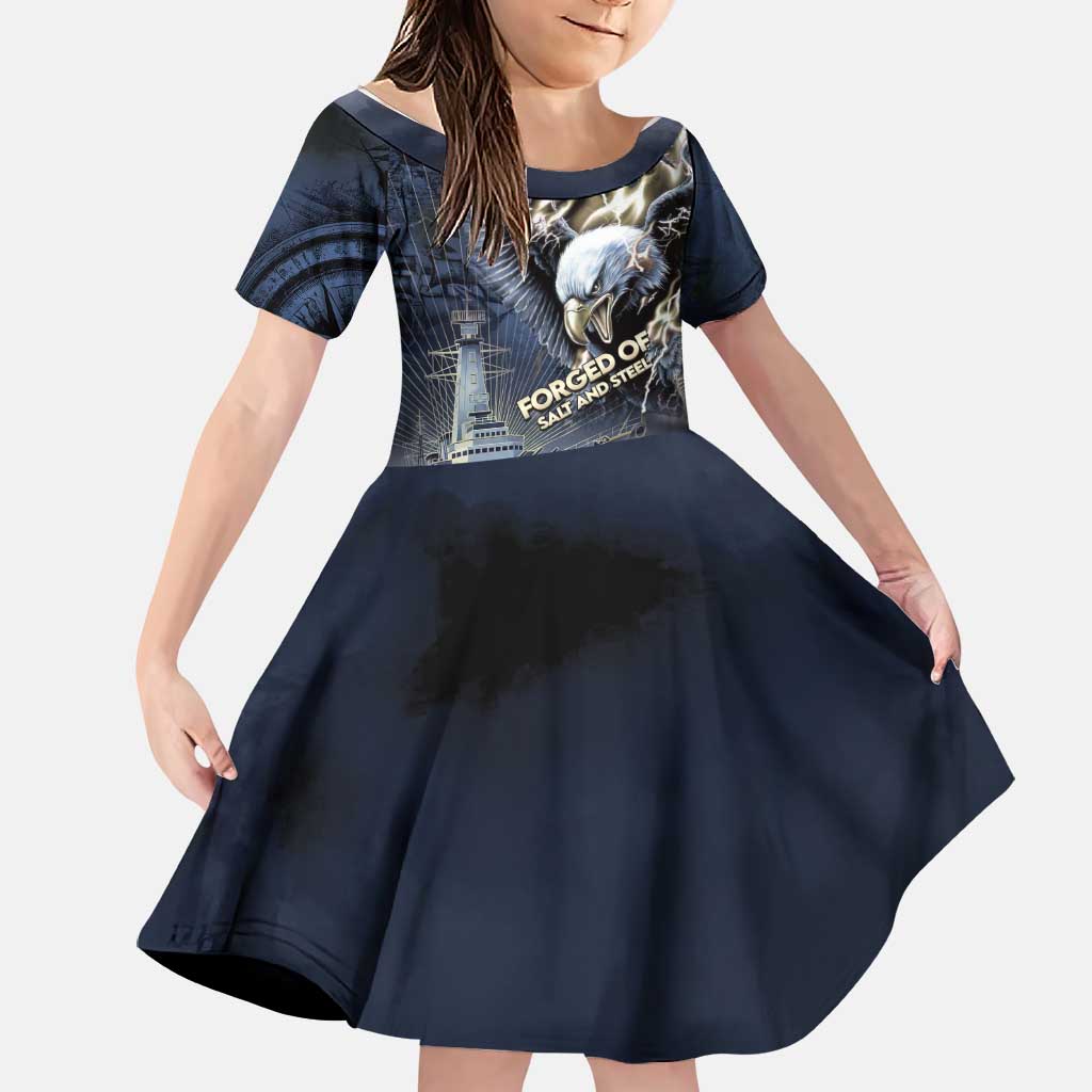 Navy Veteran 250th Anniversary Family Matching Off The Shoulder Long Sleeve Dress and Hawaiian Shirt Forged Of Salt And Steel - Wonder Print Shop