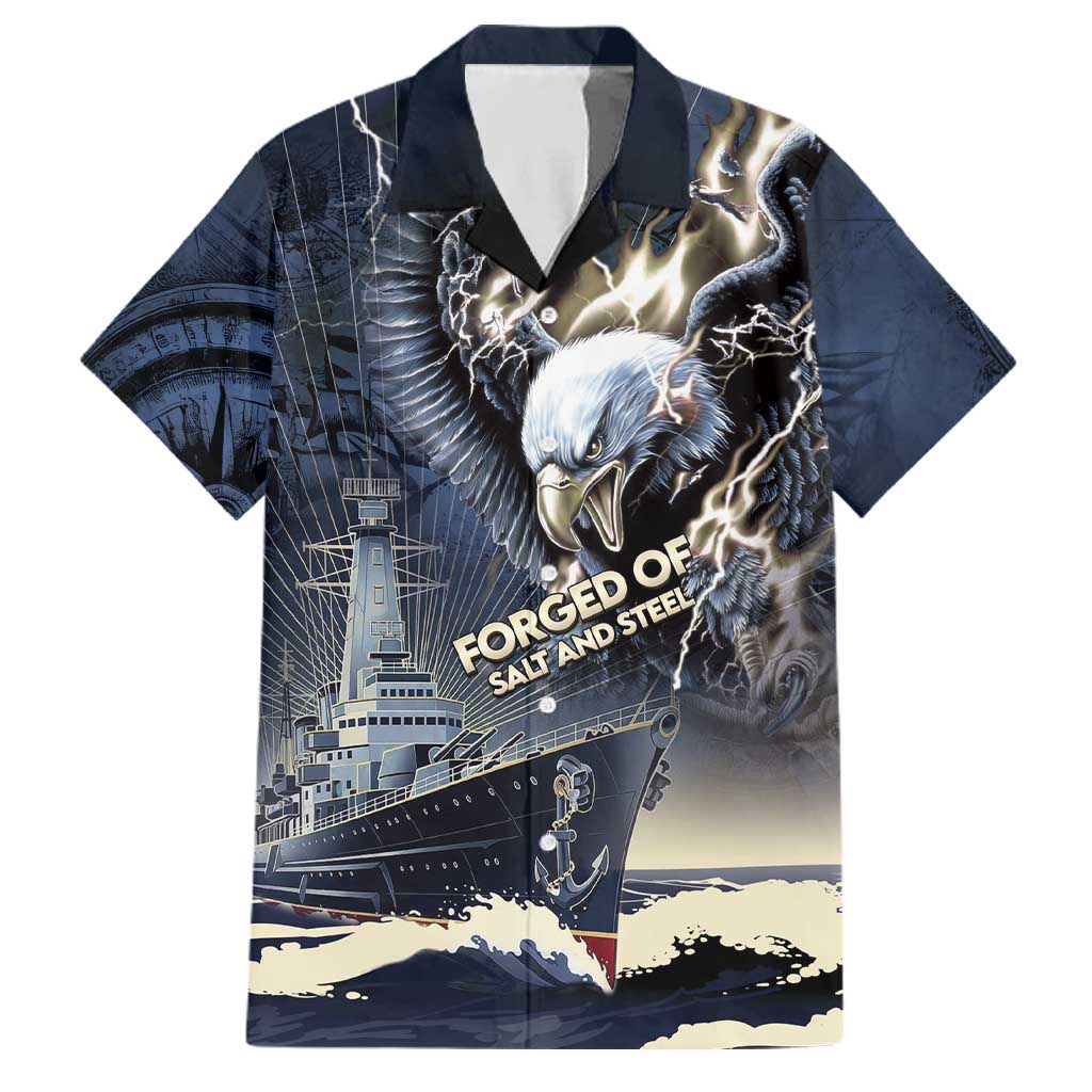 Navy Veteran 250th Anniversary Family Matching Off The Shoulder Long Sleeve Dress and Hawaiian Shirt Forged Of Salt And Steel - Wonder Print Shop